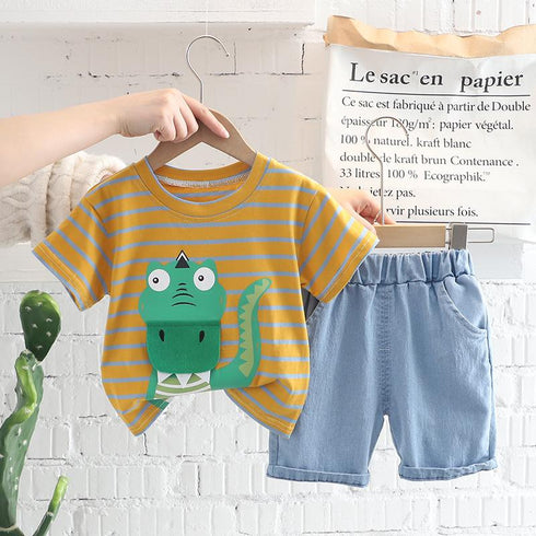 Dinosaur stripe short sleeve suit boy's casual denim shorts two-piece set